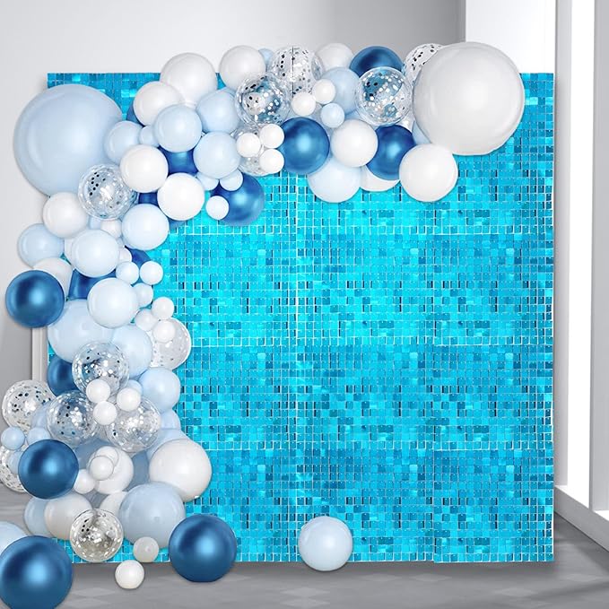 12PCS Lake Blue Shimmer Wall Backdrop, Square Sequin Photo Backdrops Panel, Glitter Wall Background for Birthdays, Weddings, Graduation, Baby Showers, Disco Bachelorette Party Decoration (3FTx4FT)