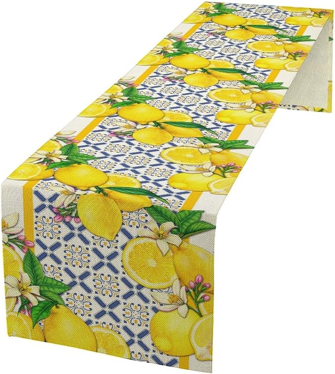 Lemon Table Runner,Spring Summer Seasonal Yellow Blue Table Runner for Kitchen Dining Table Home Party Decoration 13x90 Inch