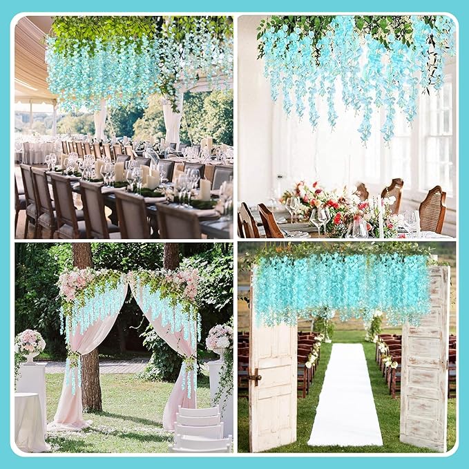5 Pack Teal Wisteria Hanging Flowers Garland, 3.77 Feet Artificial Flower Vines, Fake Wisteria, Artificial Vines Hanging Garland for Backdrop Outdoor Yard Garden Decor