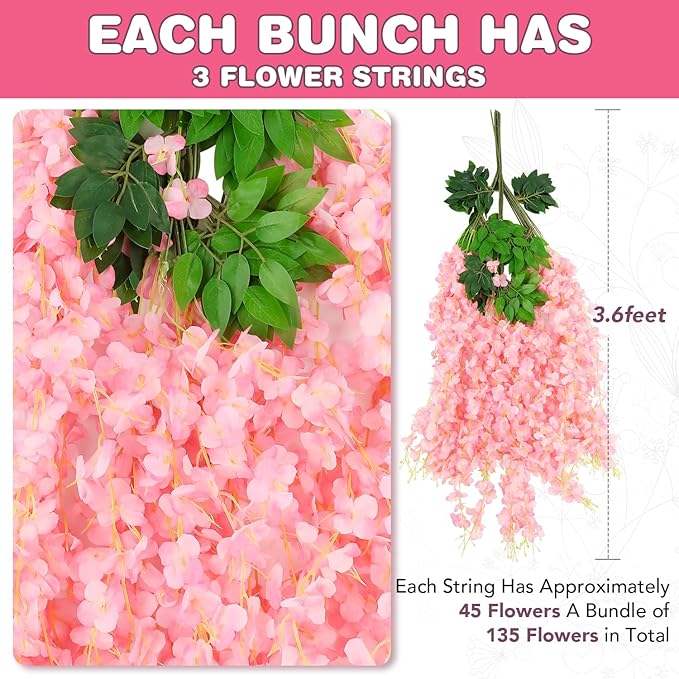 Wisteria Hanging Flowers,Fake Hanging Flowers,Wisteria artificiales Garland for Home Wedding Arch Floral Party Garden Ceremony Outdoor Decor,3.6 feet Long(12,Pink)
