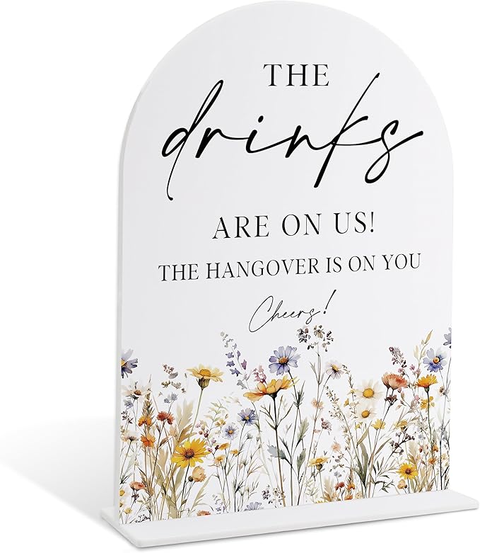 Wedding Signs for Ceremony and Reception, Boho Floral Acrylic Drinks are on Us Hangover is on You Sign, Wedding Signage with Stand, Bridal Shower Table Centerpieces, Supplies for Engagement Party, 35