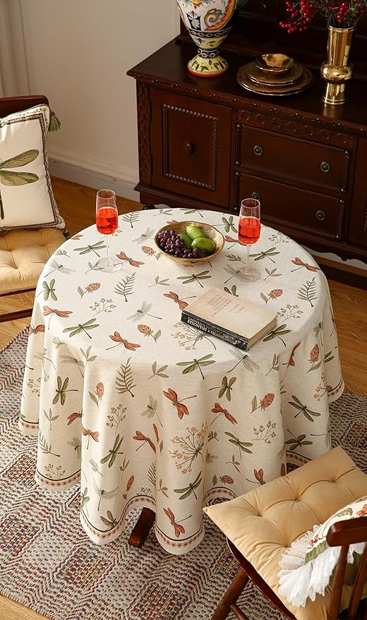 ISAENNE Designer Floral Linen Round Tablecloth,French Off White Elegant Table Cloth,Fall Washable Home Decor Tablecloths for Dining Thanksgiving Kitchen Christmas Party,Diameter 67"-Grace B