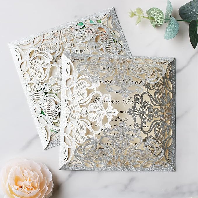 Hosmsua 6.3 x 6.3 Inch 50PCS Silver Glitter Laser Cut Hollow Lace Rose Wedding invitation Cards with Envelopes Wedding invitations for Anniversary Invite (Silver Glitter)