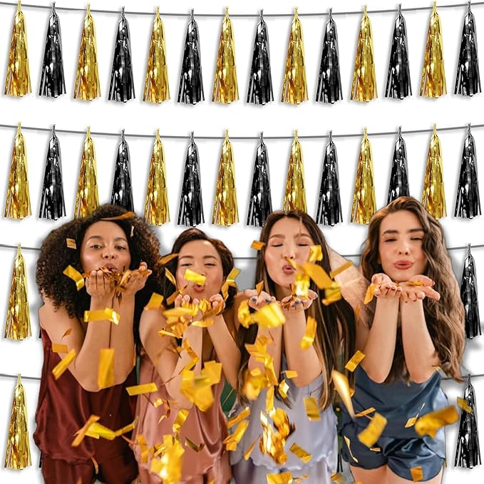 4P Black Gold Foil Fringe Tassel Banner Garland Metallic Tinsel Streamers Wall Hanging Curtain Backdrop Banner for Parade Floats, 2025 Graduation Decorations, Father's Day, New Years Party Decoration
