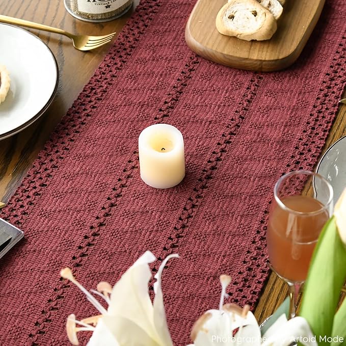 Artoid Mode Red Farmhouse Woven Rustic Hollow Table Runner, Seasonal Holiday Hollow Kitchen Dining Table Decoration for Home Party Decor 12x48 Inch