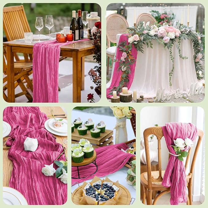 Asee'm 2pcs Cheesecloth Table Runner 120 Inches Long Deep Pink Boho Gauze Cheese Cloth Runner 10FT Rustic Sheer Table Runners for Christmas Wedding Party Baby Shower Spring Easter Decoration