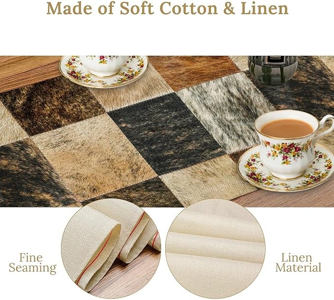 Rustic Cow Skin Patchwork Print Table Runner, Farmhouse Country Western Style Fur Table Cover for Dinning Home Party Holidays Home Setting, 13x60 Inch