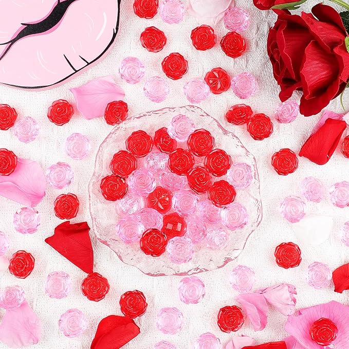 Fangoo 210PCS Red Pink Acrylic Rose Ornaments Mini Acrylic Rose Gems for Valentine Vase Filler Decor for Table Scatter Engagement Valentine's Day Wedding Anniversary Party (RedPink-Rose, 12OZ)