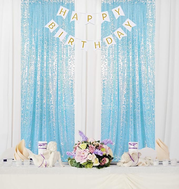 ShinyBeauty Aqua Backdrop Curtains Sequin Curtains 2 Panels 2FTx8FT Sequin Photo Backdrops Glitter Fabric Backdrop Aqua Blue Backdrops Wedding Birthday Parties Backgrounds（Iridescent Aqua）
