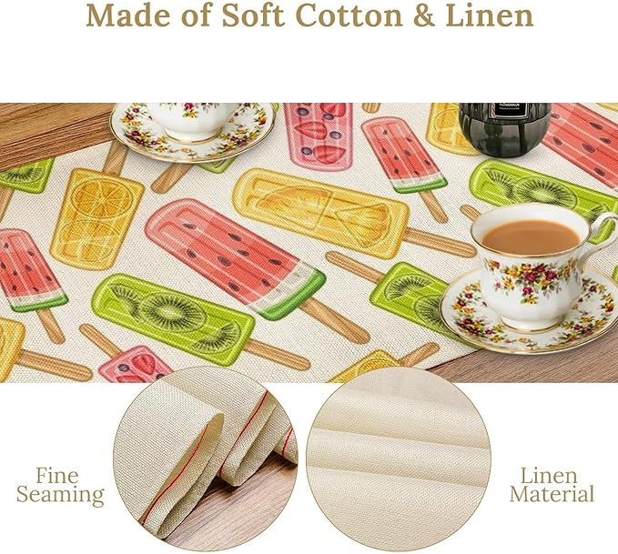 Ce Cream Table Runner, Cold Fruity Popsicles Summer Sweet Seasonal Dinner Runner for Party Holiday Home Kitchen Dining Table Decor 13"x70"
