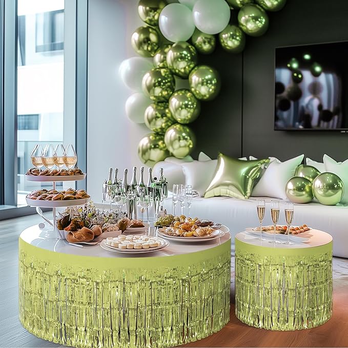 2 Pack Lime Green Table Skirts, 29x108" Metallic Foil Tinsel Fringe Table Skirt for Rectangle Tables Streamer Curtains Backdrop, Party Decorations for Birthdays, Weddings, Holidays