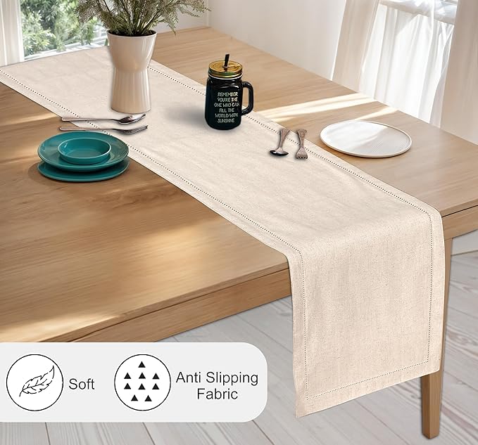 Ruvanti Linen Table Runner 72 Inches, Classic Hemstitch, Washable, Reusable, Non-Slipping, Stain Resistant- Perfect for Parties, Weddings, Dinners, Thanksgiving, Christmas, Indoor use – Natural
