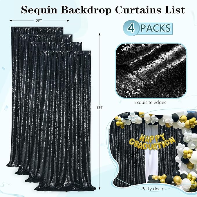 Black Sequin Backdrop 4 Panels 2FTx8FT Halloween Backdrop Curtains Party Backdrop Wedding Baby Shower Decoration