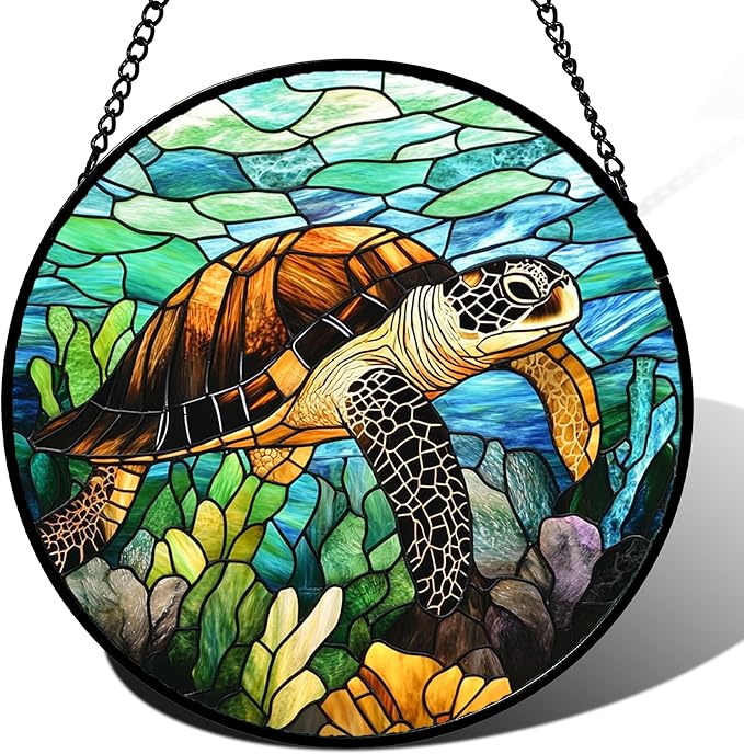 Stained Glass Window Hanging - Cute Sea Turtle Suncatcher for Door Garden Yard Blue Ocean Sun Catchers Decor Christmas Mother's Day Birthday Children's Gifts for Women Mom Nana Friend 11.8 in