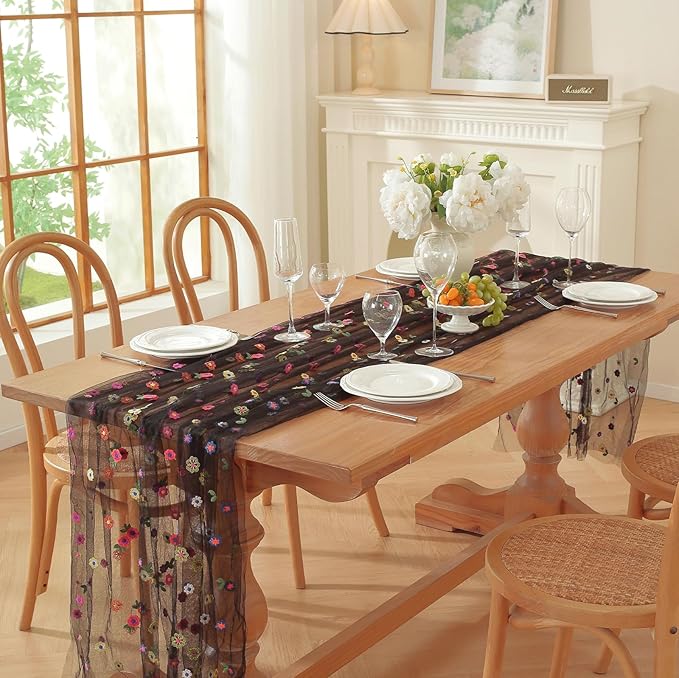 Black Embroidery Daisy Fall Table Runner 120Inch 10FT Florals Soft Sheer Tulle Fabric Table Runner for Home Decor, Brithday, Wedding, Baby Shower ,Holiday ,Parties, DIY Craft,3PC