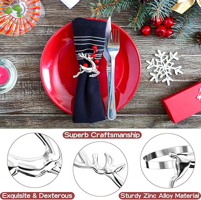 ZeeDix Silver Reindeer Christmas Napkin Rings Set of 12, Napkin Holder Ring for Christmas Dinner Table Decor Cloth Napkins, Wedding Receptions, Holiday Party, Banquet and Home Kitchen
