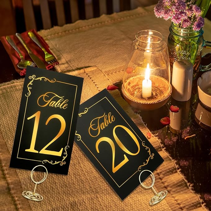 Black Gold Wedding Table Numbers 1-20 With 21 Gold Holders - Set of 21 Table Cards for Wedding Reception
