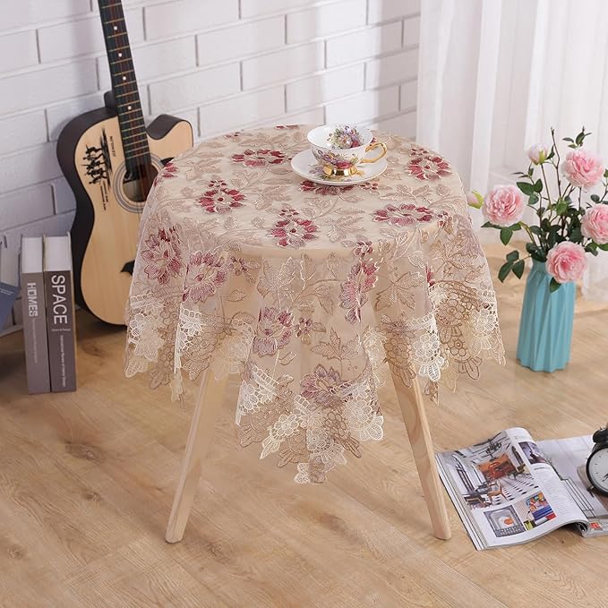 Round Embroidered Lace Tablecloth Vintage Decorative Exquisite Border Table Cover for Party Wedding Home Decorations, Round-60, Red