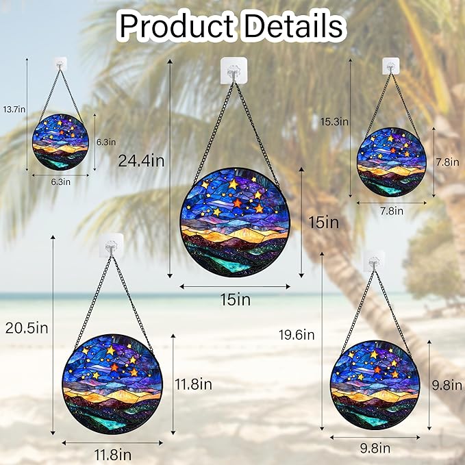 Stained Glass Window Hanging, Blue Sky Gold Stars Abstract Landscape Suncatcher for Doors Window Home Sun Catchers Decor Mother's Day Birthday Gifts for Women, Men Mom 15 in