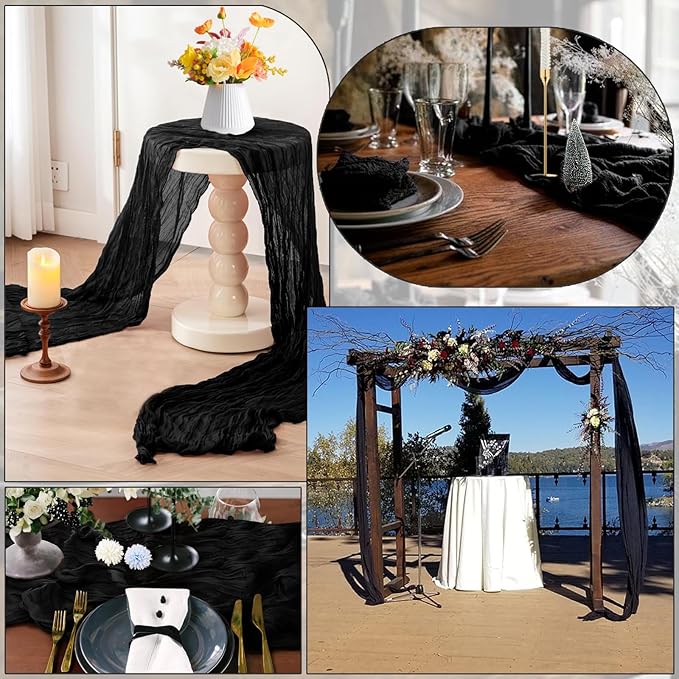 16PCS Black Cheesecloth Table Runner 10FT 35x120Inch Boho Gauze Cloth Long Rustic Sheer for Wedding Party Baby Bridal Shower Decor