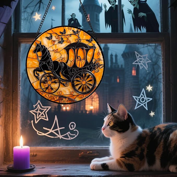 Stained Glass Window Hanging - Halloween Pumpkin Carriage Suncatcher for Doors Window Garden Indoor Spooky Funny Orange Sun Catchers Gothic Decor Horror Gifts for Women Men Friend 6.3 in