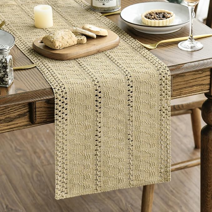Artoid Mode Burlap Brown Farmhouse Woven Rustic Hollow Table Runner, Seasonal Holiday Hollow Kitchen Dining Table Decoration for Home Party Decor 12x120 Inch