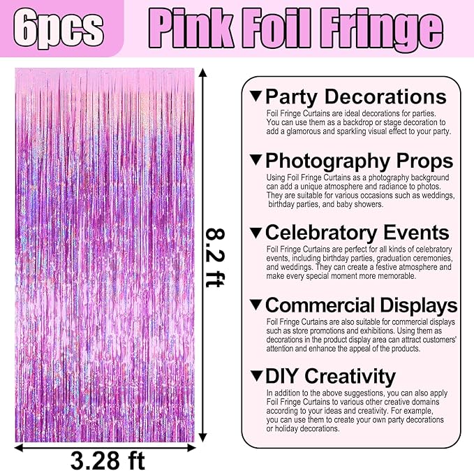 6 Pack Pink Foil Fringe Curtain Backdrop, 3.28Ft x 8.2Ft Metallic Tinsel Foil Fringe Streamer Curtains for Photo Booth, Birthday, Wedding, New Year Party Decorations