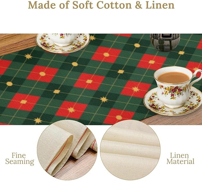 Christmas Table Runner,Green Red Xmas Plaid Table Cloth Kitchen Dining Table Decoration for Home Party Decor 13x36 Inch