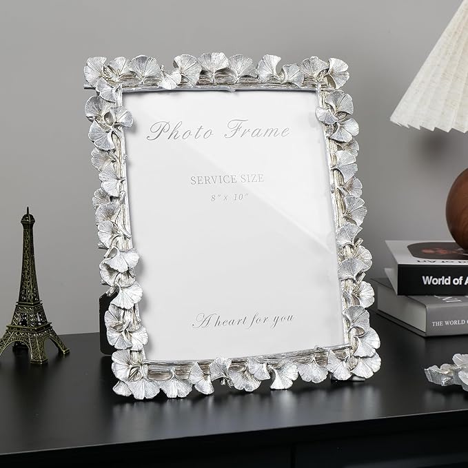 Cuspin Silver 8x10 Picture Frame, Vintage Silver Ornate Leaf Textured Hand-Crafted Resin with Glass Front Antique Photo Frame for Tabletop Display, Retro Design Home Decor