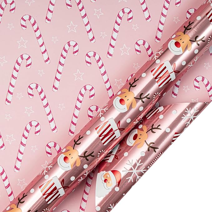 LeZakaa Christmas Pink Wrapping Paper Mini Roll, Santa Claus & Candy Cane, Metallic Foil, Rose Gold Foil Reversible Design for Festive Winter Holiday, Family Gathering, 17 inches x 32.8 Feet