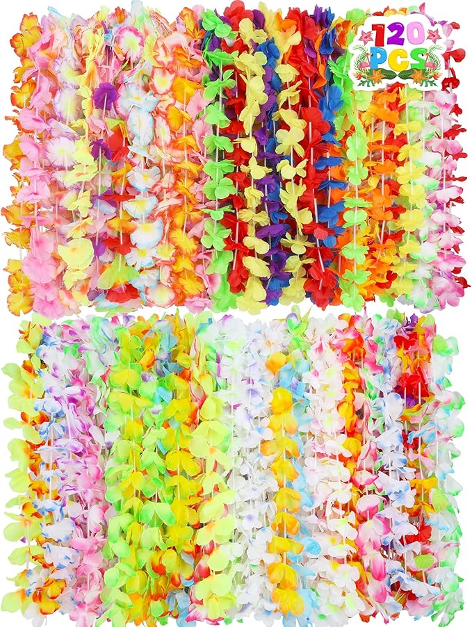 120PCS Hawaiian Leis Party Decorations, Leis for Luau Party Decor, Hawaiian Lei Colorful Tropical Theme Silk Flower Bulk, Flower Garland Summer Pool Birthday Favors Supplies Accessories ﻿