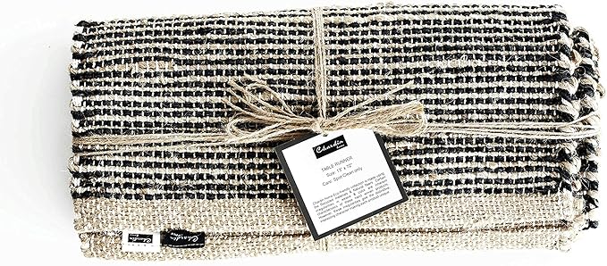 Chardin home Natural Jute Table Runner 13x72 Inch – Vintage Boho Rustic Table Decor – Handwoven Table Runner in Natural Jute and Black – Farmhouse Dining or Console Table Accent