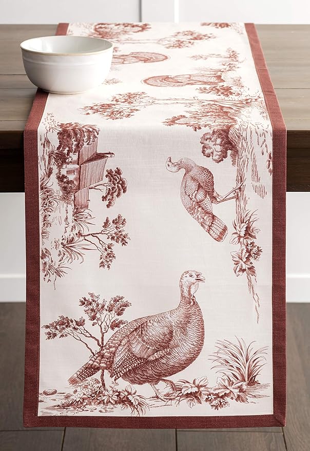 Maison d' Hermine Table Runner 100% Cotton Single Layer Table Runners 90 inches Long for Thanksgiving Christmas Decorations Home Kitchen Dining Party Wedding (Holy Jouy - Brown, 14.5" x 90")