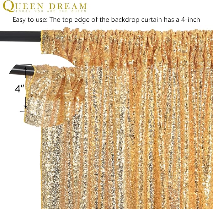 QueenDream Gold Sequin Backdrop Curtain Party Decorations: 10ft x 10ft Glitter Background Sequin Fabric for Wedding Birthday Ceremony