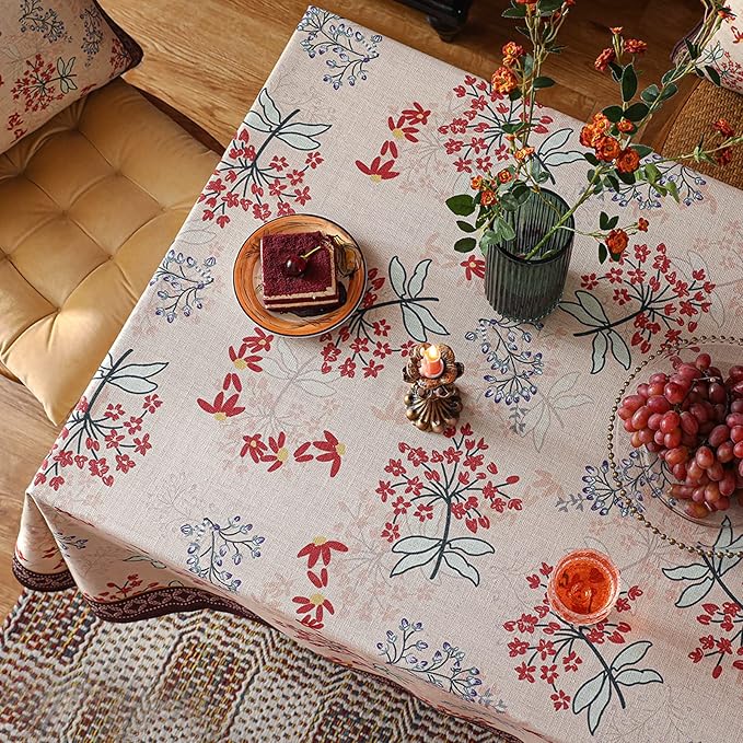 patdrea Designer French Linen Small Square Table Cloth,Vintage Red Floral Breathable Tablecloth,Dacorative Table Cover for Kitchen Dining,Christmas,Holiday,Thanksgiving,Tea Party,55"x55"-Newmari