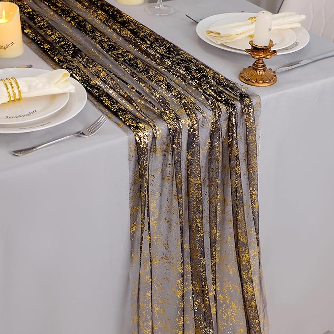 Snowkingdom 6 Pcs Black & Gold Cheesecloth Table Runner 10 FT, Sheer Chiffon Sparkle Gauze Mesh Runners 120 Inch, Glitter Table Centerpieces Decoration for Birthday Party Wedding Christmas Halloween