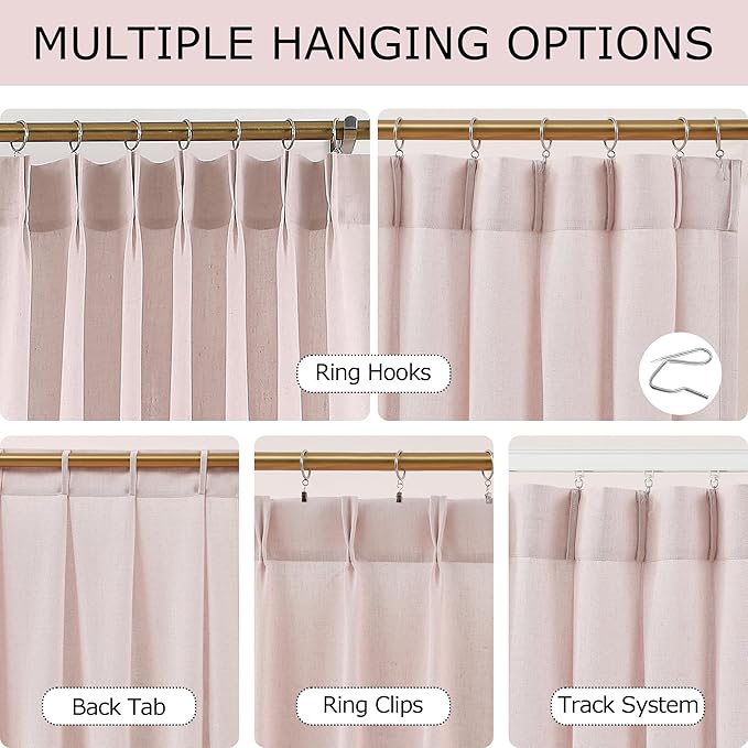 Vision Home Soft Pink Pinch Pleated Semi Sheer Curtains Textured Linen Blended Light Filtering Window Curtains 95 inch for Living Room Bedroom Pinch Pleat Drapes with Hooks 2 Panels 40" Wx95 L