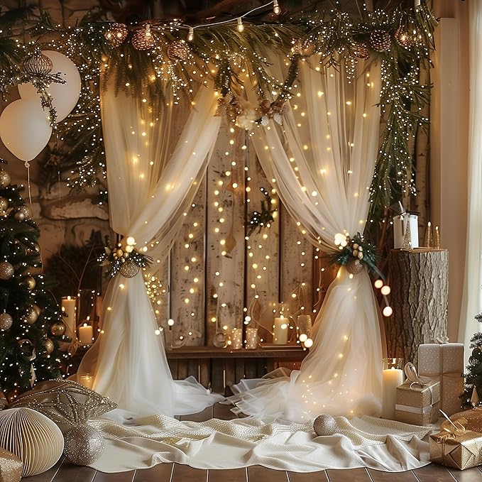 Tulle Backdrop Curtains with Lights String 10FT X 8FT Champagne Sheer Curtain with Lights Tulle Curtains Backdrop for Wedding Birthday Party Photo Shoot (2 Panels 5x8FT)