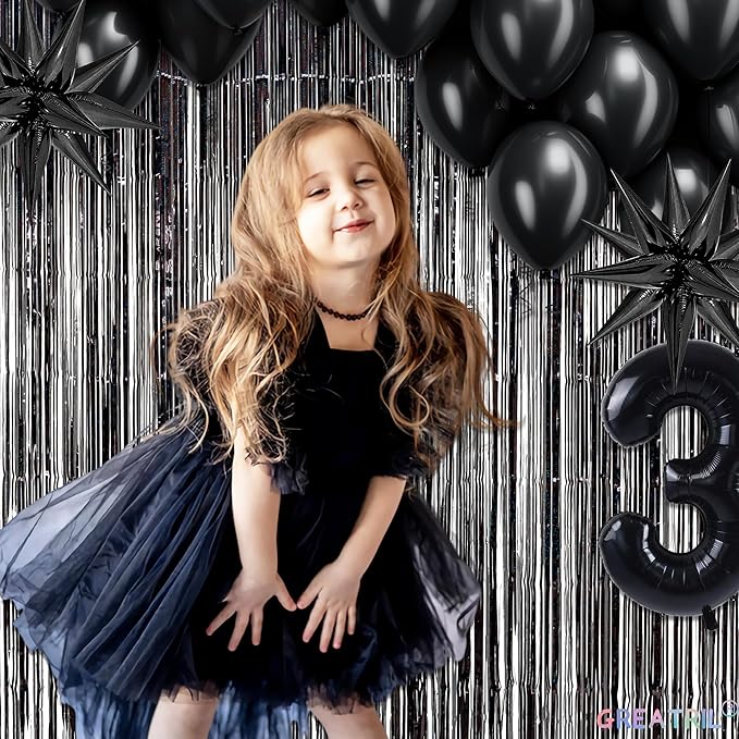 Black Tinsel Curtain Party Backdrop - GREATRIL Party Streamers Backdrop Foil Fringe Curtains for Birthdays/Wizard Halloween Decorations - 1m x 2.5m - Pack of 2
