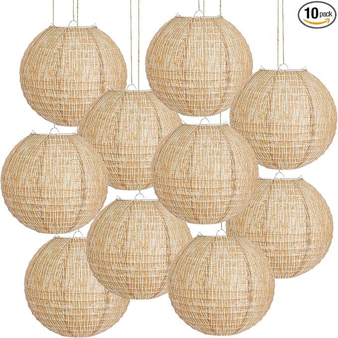 10Pcs 10" Boho Fall Party Decorations, Hanging Round Print Burlap Paper Lanterns for Office Classroom Ceiling Home Patio Neutral Baby Bridal Shower Wedding Rustic Thanksgiving Decor (10inch)
