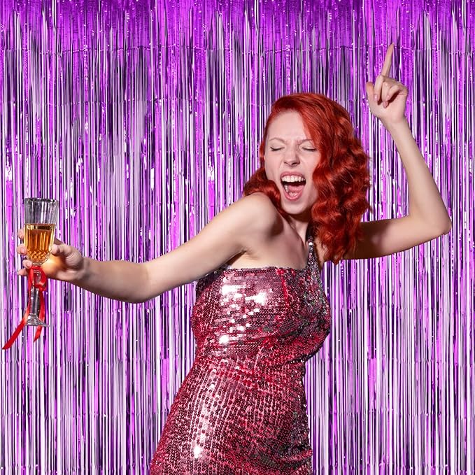 4 Pack Purple Foil Fringe Backdrop Curtains, Tinsel Streamers Birthday Party Decorations, Fringe Backdrop for Graduation, Baby Shower, Gender Reveal, Disco Party