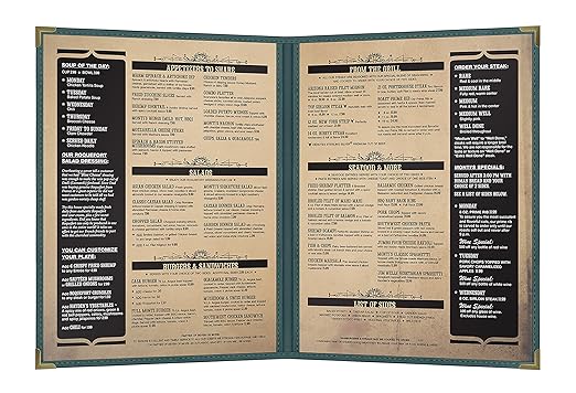 Goodsmart Pajco Style Restaurant Menu Covers – Pack of 10, Side-Loading Menu Holders, Single Stitched Edge, Clear Vinyl Menu Sleeves, Leatherette Trim, Gold Corners, Green, 2 View (8.5" x 11")