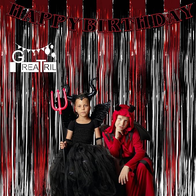 Black Red Party Streamers Backdrop - GREATRIL Foil Fringe Tinsel for Stranger/Friday Party/Halloween Party Decorations - 3.2ft X 8.2ft - 2 Packs