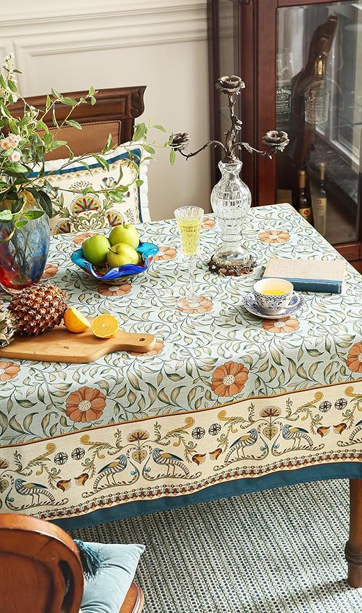 patdrea Designer French Linen Blue Tablecloth for Sqaure Table,Vintage Floral Table Cloth,Colorful Decoration Small Cover Kitchen Dining for Tea Party,Thanksgiving,Christmas,67"x67"-Wensel