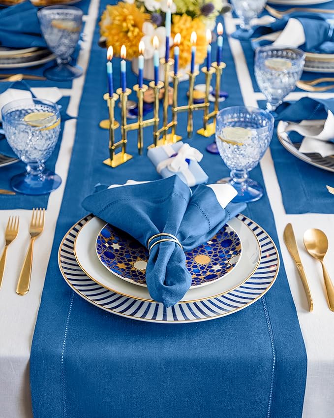 Solino Home Linen Table Runner 108 Inches Long - 100% Pure Linen Indigo Blue Table Runner 14 x 108 Inch for Fall, Autumn, Christmas - Classic Hemstitch