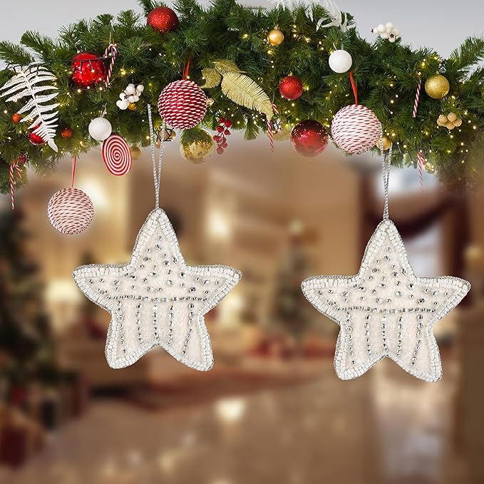 Beaded Star Hanging Ornaments with Twine - Beaded Decorative Ornaments Set of 6 for Tabletop Decoration, Bookshelf, Desk, Nightstand, Home, Office, Desktop, Cabinets, Shelf (White) - CLEENTABLE