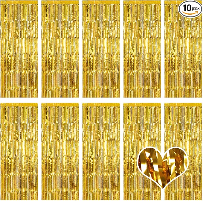 10 Pack Gold Backdrop Curtain 3.2ft x 8.2ft Metallic Tinsel Foil Fringe Curtains Photo Booth Background for Birthday Party Decoration Baby Shower Engagement Wedding Christmas Decoration (Gold)