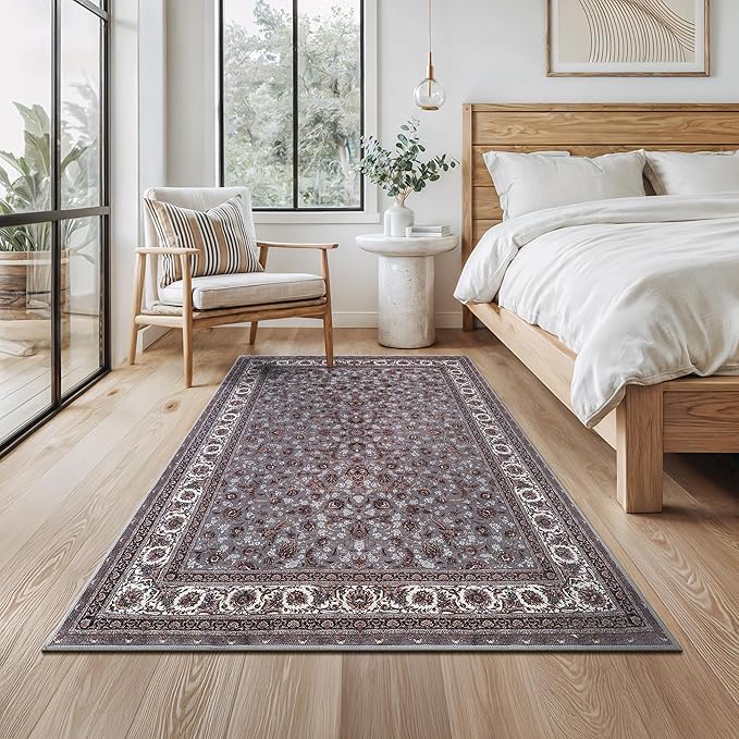 Bloom Rugs Washable Non-Slip 4' x 6' Rug - Slate Gray Traditional Oriental Area Rug for Living Room, Bedroom, Dining Room, and Kitchen - Exact Size: 4' x 6'