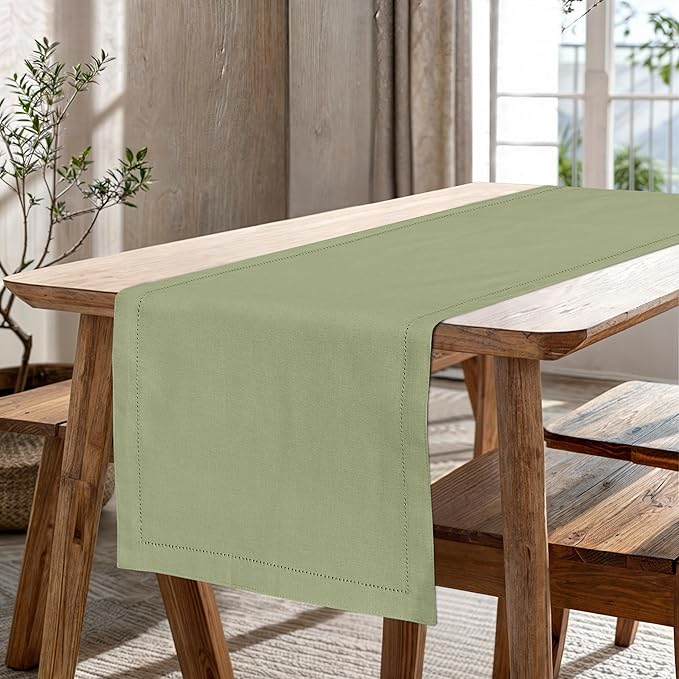Ruvanti Linen Table Runner 72 Inches, Classic Hemstitch, Washable, Reusable, Non-Slipping, Stain Resistant- Perfect for Parties, Weddings, Dinners, Thanksgiving, Christmas, Indoor use – Olive