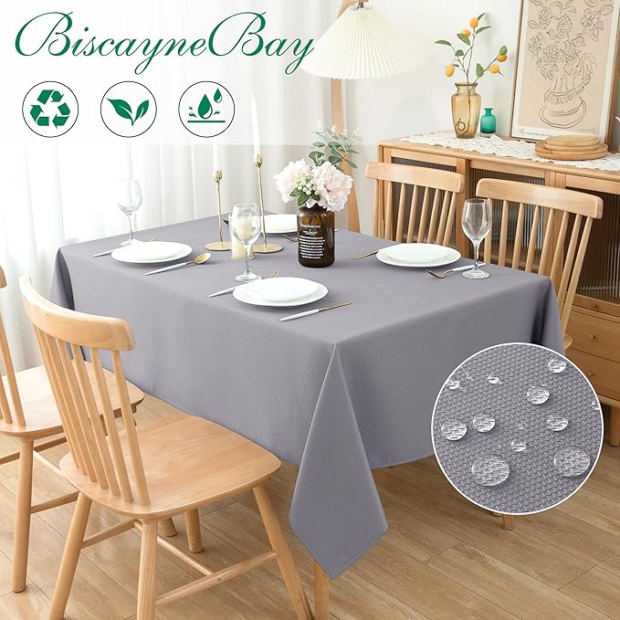 Biscaynebay Textured Fabric Tablecloths 90x132 Inches Rectangular, Silver Grey Water Resistant Spill Proof Tablecloths for Dining, Kitchen, Wedding and Parties, Machine Washable